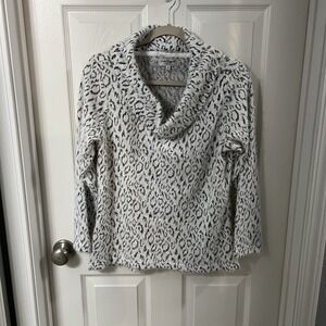 Once & Again Sweater Polyester Eyelash Knit Leopard Print Cowl Neck Chic S